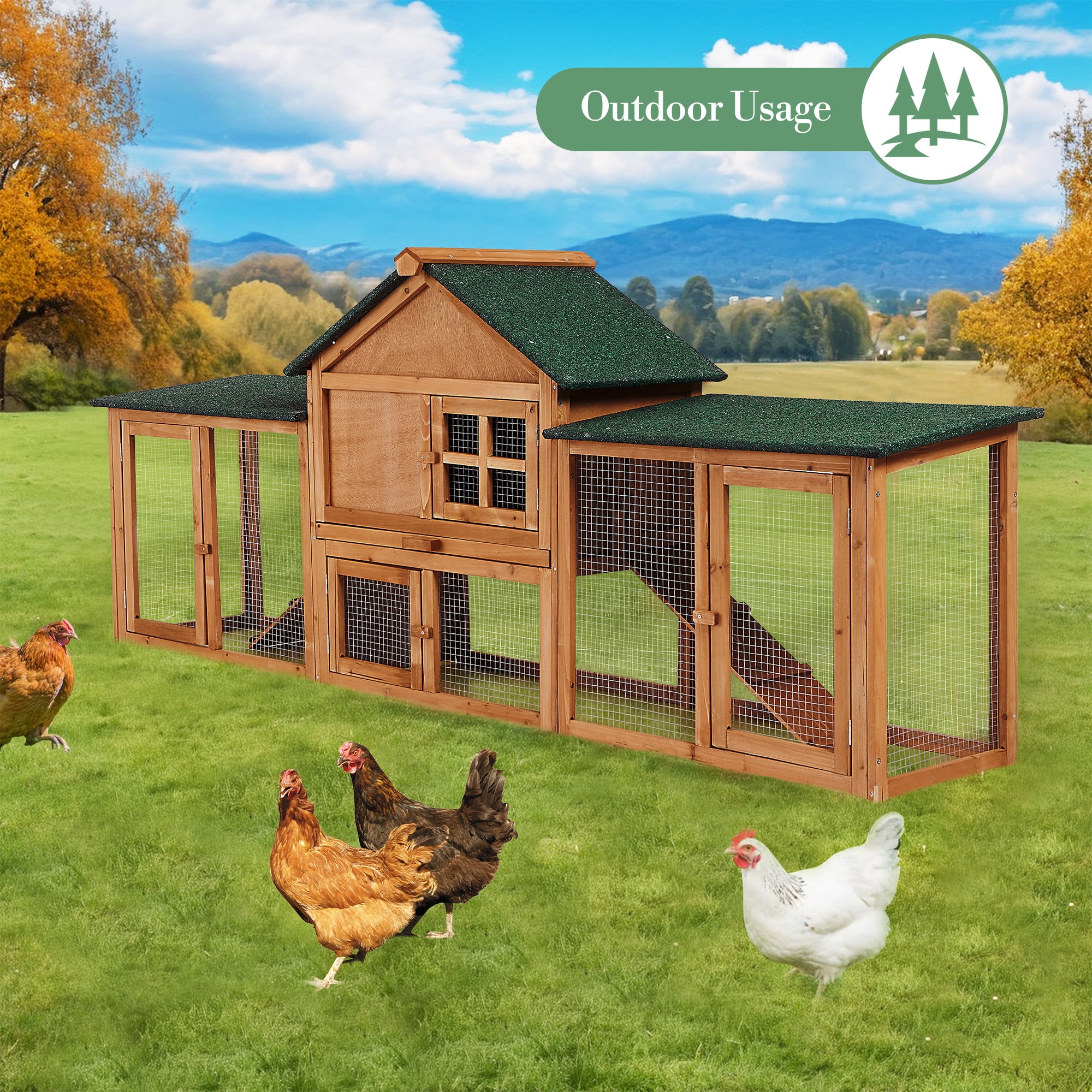 83" Large Outdoor Chicken Coop Rabbit Hutch with Run,Wood Poultry House with Removable Pull-Out Tray & Nesting Box, Weatherproof Small Animal Habitat Cage for Yard & Garden