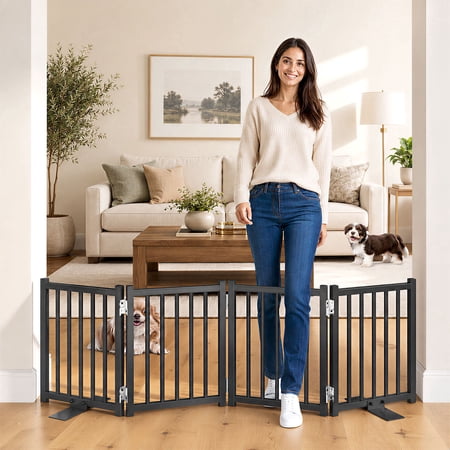 Snughome Short Dog Gate Indoor, 16" High Freestanding Small Dog Door Gate with Support Feet, 4 Panel Folding Pet Door Pet Fence for Puppy, Black