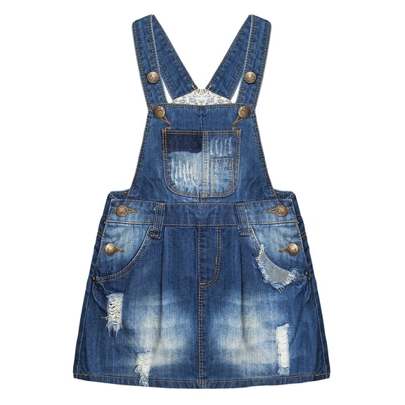 KIDSCOOL SPACE Toddler Girl Ripped Jean Overall Dress,Little Girl Distressed Denim Jumper Dress,Blue,2-3 Years