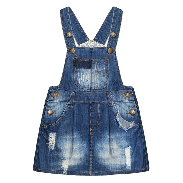 KIDSCOOL SPACE Robe Salopette en Jean Déchirée pour Tout-Petite Fille, Robe Chasuble en Denim Usé pour Petite Fille, Bleu, 3-4 Ans