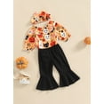 thumbnail image 3 of Wassery Baby Girls Halloween Outfit Sets Long Sleeve Crew Neck Playsuits Cartoon Ghost Pumpkin Print Romper Tops + Black Flared Pants + Bow Headband, 3 of 9