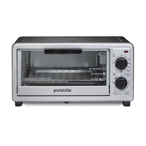 Proctor Silex 4 Slice Countertop Toaster Oven, Multi-Function with Bake, Toast and Broiler, 1100 Watts, 30 min timer and auto-shutoff, Includes Backi