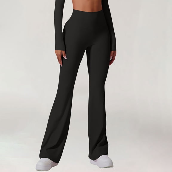 Maqroz Workout Pants Women Flare Tummy Control Shapewear High Waist Wide Leg Long Palazzo Flare Yoga Pants Stretchy Trousers Pull on Athletic Running Leggings Black M