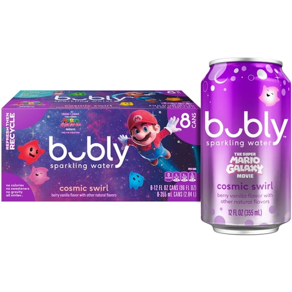 bubly Sparkling Water, The Super Mario Galaxy Movie Cosmic Swirl, Zero Sugar & Zero Calories, 12 fl oz Cans (8 pack)​