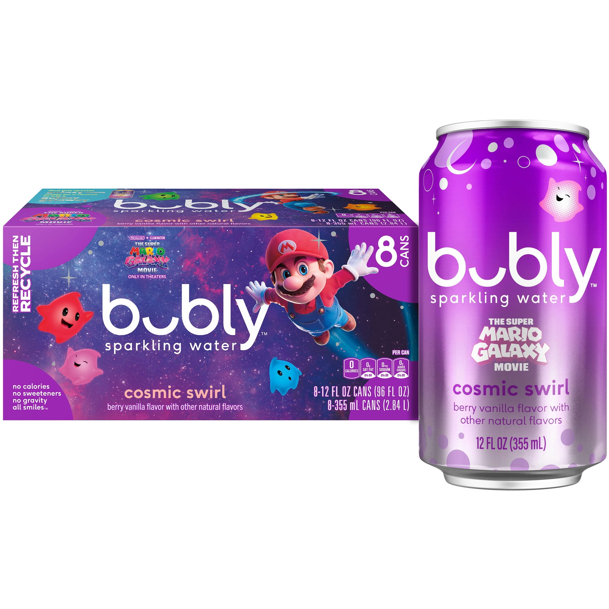 bubly Sparkling Water, The Super Mario Galaxy Movie Cosmic Swirl, Zero Sugar & Zero Calories, 12 fl oz Cans (8 pack)