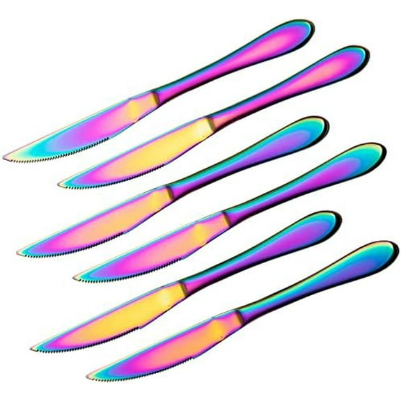 Multi-color Ultra-Sharp Serrated Solid Handle Steak Knives Cut Cleanly Stainless Steel Cutlery Set, 6-Piece Colorful Steak Knife Sets, Dishwasher Safe (Rainbow)…