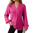 thumbnail image 6 of Long Sleeve Shirts for Women Waffle V Neck Trendy Oversized Loose Pullover Fall Casual Tunic Tops Hot Pink S, 6 of 6
