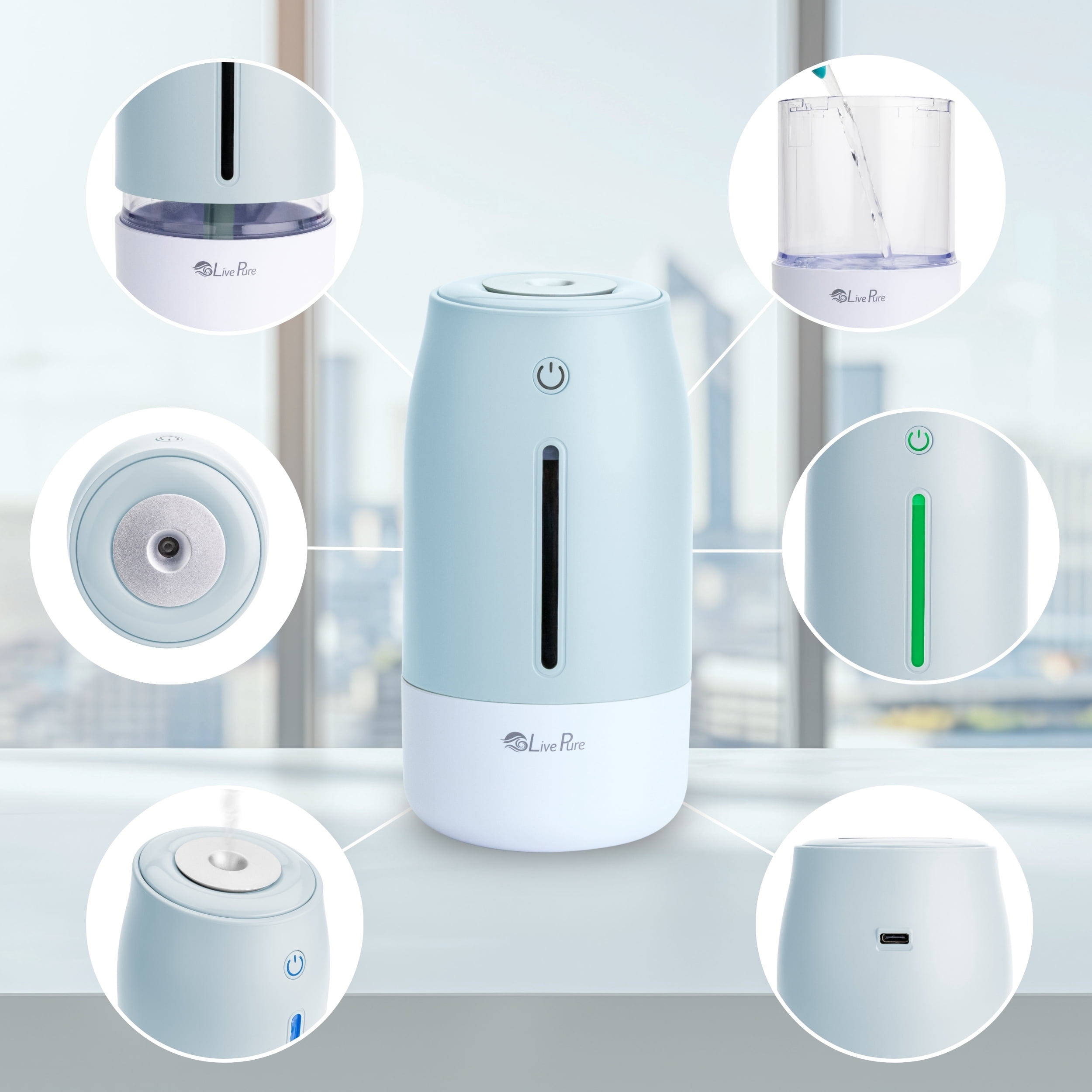 LivePure LP250 Aqua Glo Portable Cool Mist Humidifier. Mint Blue