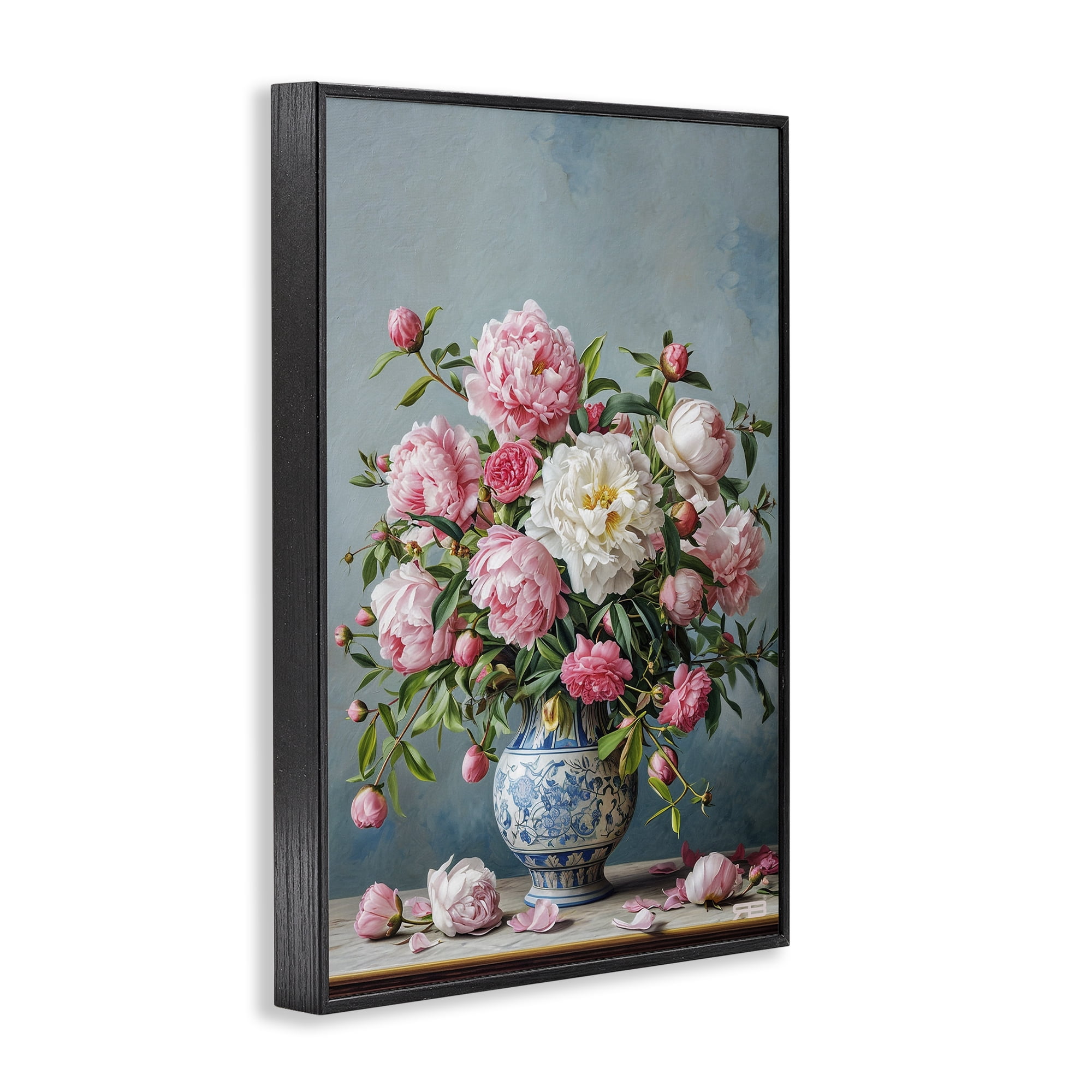 Stupell Industries Full Peonies Vase Botanical & Floral Painting Black Framed Art Print Wall Art, 16 x 24