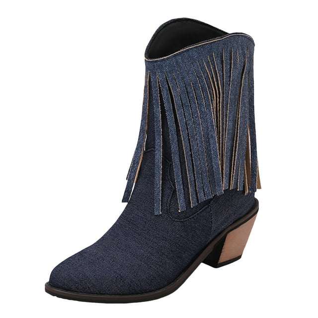 Bottes de Cowboy en Denim pour Femmes Longues à Franges à Pampilles Rétro Larges Mi-Mollet Bottes de Cowgirl Hiver Automne à Enfiler Bottillons