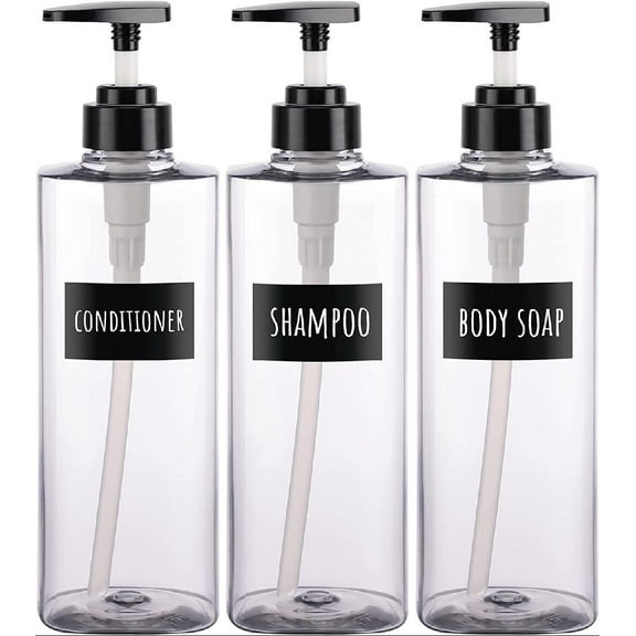25.4oz Shampoo Dispenser Bottles, 3pcs 750ml Refillable Pump Press Dispenser Set with Labels, Empty Plastic Shampoo Body Soap Conditioner Gel Lotion Containers for Bathroom Hotel Clear
