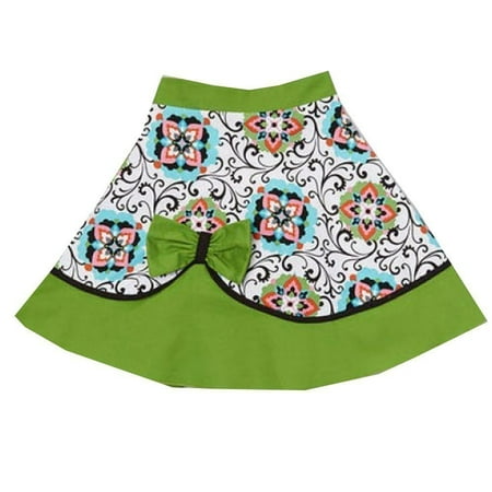 Flared Kids Skirt - Little Girls Green Floral Geometric Scroll Pattern Bow Accent Flared Skirt 12M-6