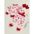 thumbnail image 5 of Toddler Baby Girl Valentine's Day Outfits 6 12 18 24 Months 2T 3T Bow Print Crew Neck Long Sleeve Tops Long Pants Headband 3Pcs Clothes Set, 5 of 9