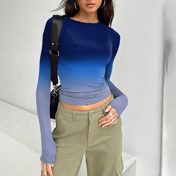 Gibobby Playera Termica Ligera Camisa de manga larga Slim Fit Tops de mujer Camisas de manga larga Tops cortos basicos Cuello redondo Tops ajustados Casual Cuello redondo Azul XS Walmart en linea