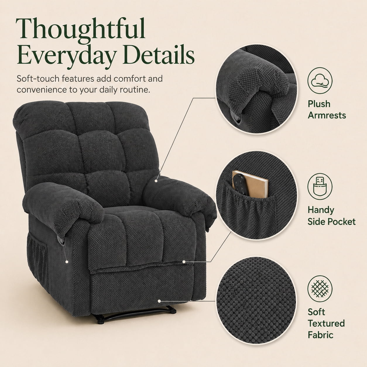 Miniyam Overstuffed Recliner Chair with Plush Armrests, Adjustable Ergonomic Recliner, 105° to 165° Reclining, Gray