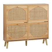 Ktaxon Rattan Shoe Cabinet with 4 Flip Drawers 24 Pairs,Narrow Shoe Storage Cabinet for Entryway, Bedroom, Living Room, Apartment, Natural