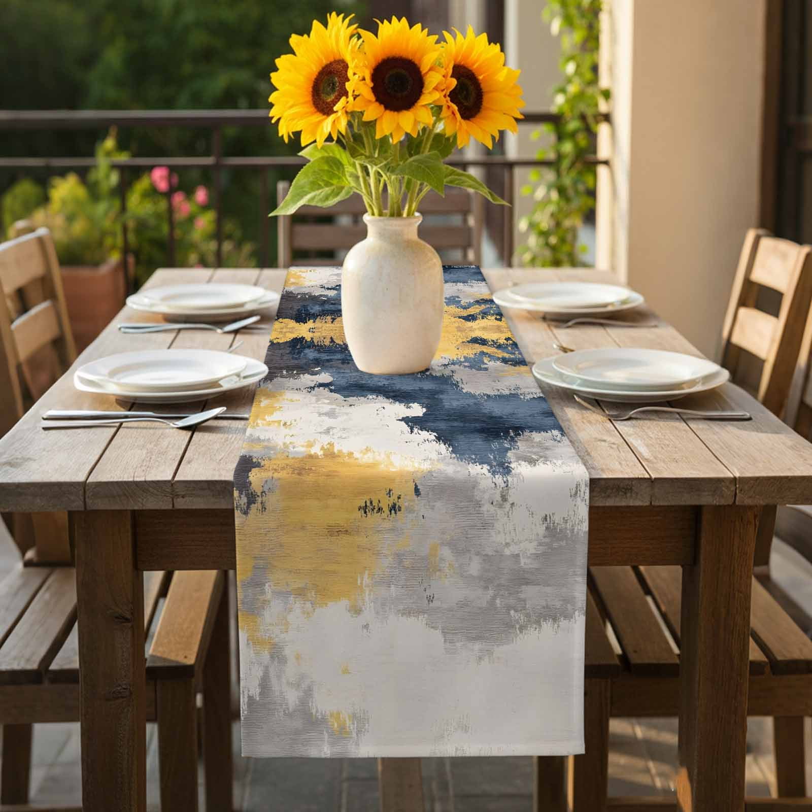 Abstract Art Table Runner 13x120 inch Watercolor Blue Yellow Blending Cotton Linen Dining Table Runner Ideal for Dresser Kitchen Coffee Tables - Machine Washable