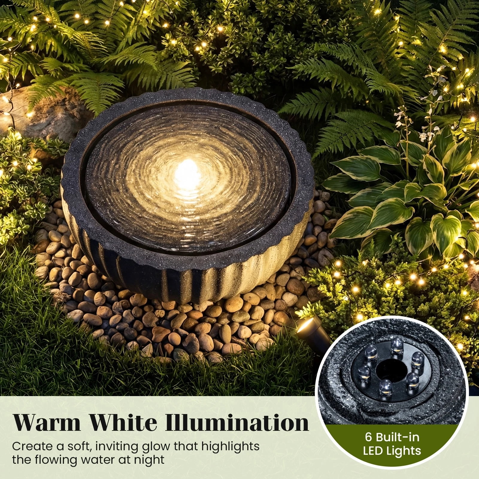 DRAZUNO 18” Outdoor Round Sphere Water Fountain w/LED Lights & Pump for Garden Patio
