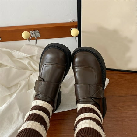 

Cathalem Large Head Small Leather Shoes Women Soft Soles Retro Small Design Japanese Round Head Single Casual Slip on Shoes Women Brown 8