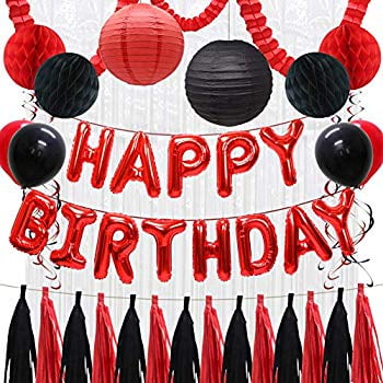 Happy Birthday Balloons Decorations Banner, Red Black Paper Tissue Tassels, Party Balloons, Paper Lanterns, Honeycomb Balls, Hanging Party Swirls, Foil Fringe Curtains, Clover Garland