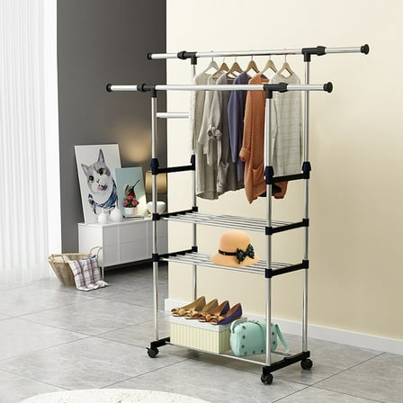 Doule Extendable Rod Garment Rack with Wheels Stainless Steel Clothing Rack Shelf for Clothes Shoes Bags Space Saving Easy to Install