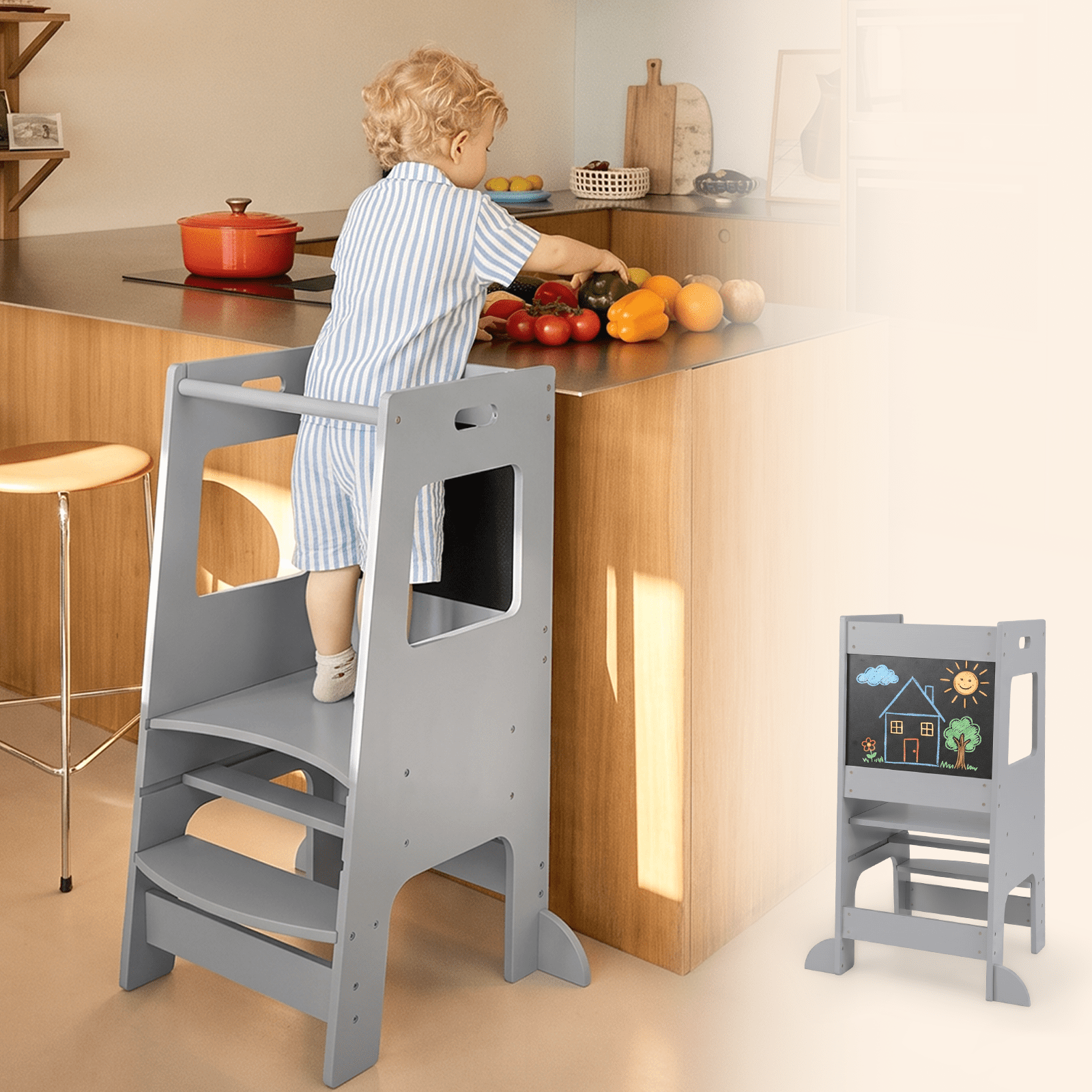 OLAKIDS Toddler Standing Tower, Kids Montessori Kitchen Step Stool Helper with 2 Adjustable Height Learning Blackboard Safety Rail Wooden, Anti-Slip Mats, 1-3 Year Old Boy Girl Gifts