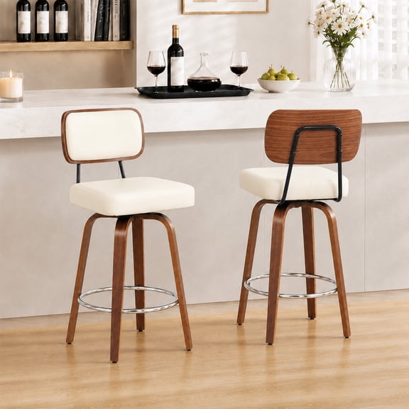 ClinQ 26 inch Swivel Counter Height Bar Stools Set of 2, Faux Leather Seat with Back, Walnut Bentwood Legs and Metal Footrest, White-Sliver Footrest