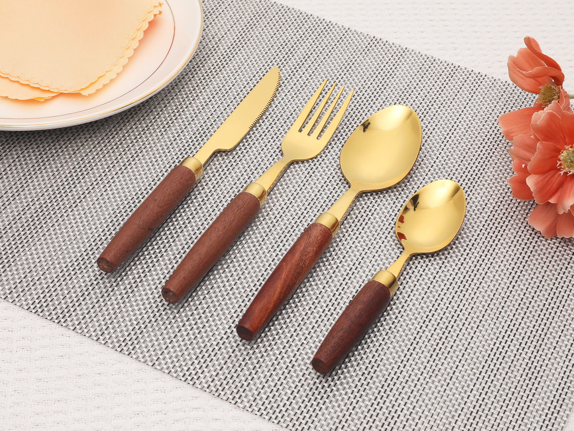 Unique Bargains Flatware Set Stainless Steel Silverware Gold 4 Pcs