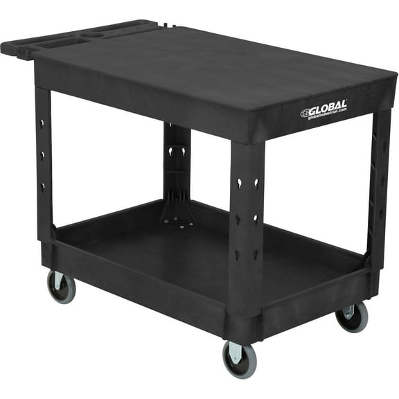 Industrial Service & Utility Cart, Plastic 2 Flat Black Shelf, 44” x 25-1/2”, 5" Rubber Casters