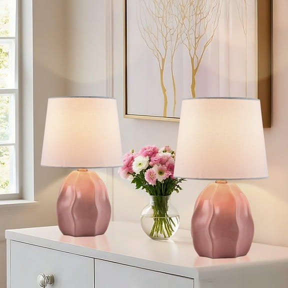 2 Pack Small Textured Ceramic Table Lamp, E12 Socket, With Handcrafted Pink Ceramic Base And Beige Linen Shade, 13.5" Bedside Accent Lamp For Bedroom, Art Decore(Bulbs Not Included)
