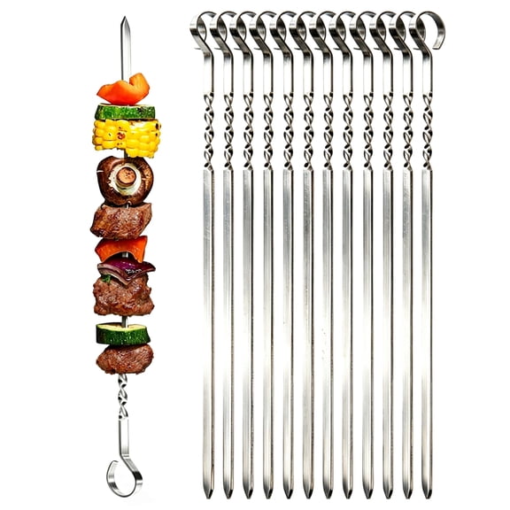12PCS Kabob Skewers Flat Metal BBQ Barbecue Skewer 15" Long Stainless Steel Shish Kebob Sticks Wide Reusable Grilling Skewers Set for Meat Shrimp Chicken Vegetable