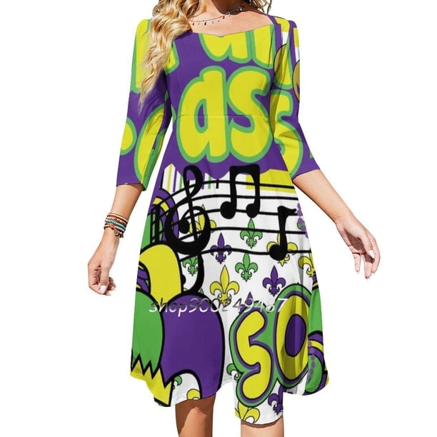 Vestido acampanado de carnaval Vestido de cuello cuadrado Vestido elegante de moda femenina Vestido estampado Mardi Mardi Gras Carnaval de Tulane Bota Pizza Fat