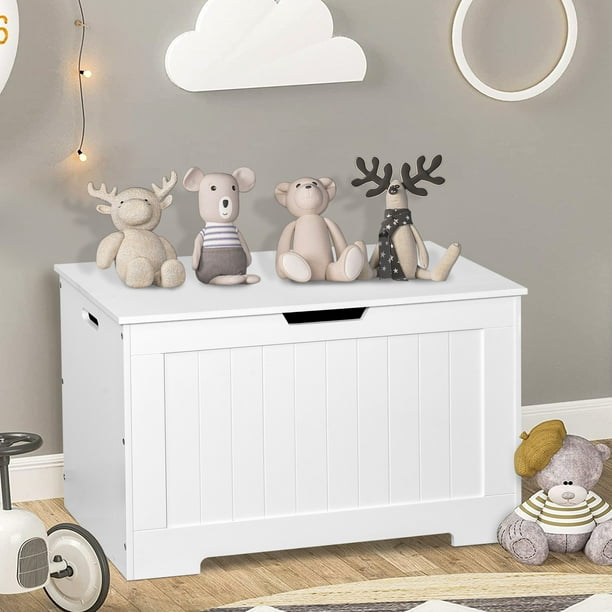 Kids Toy Box, White Wooden Toy Chest Organizer with Safety Hinged Lid