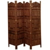 DecMode 80" x 72" Red Wood Floral Handmade Hinged Foldable Partition 4 Panel Room Divider Screen with Intricately Carved Designs, 1-Piece