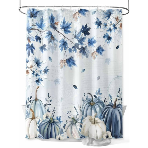 Fall Shower Curtain Blue Maple Leaf Pumpkin Shower Curtains for Bathroom Thanksgiving Decor, Waterproof Polyester Shower Curtain Set with Hooks, Standard Size 72" x 72" Leaf Flowers