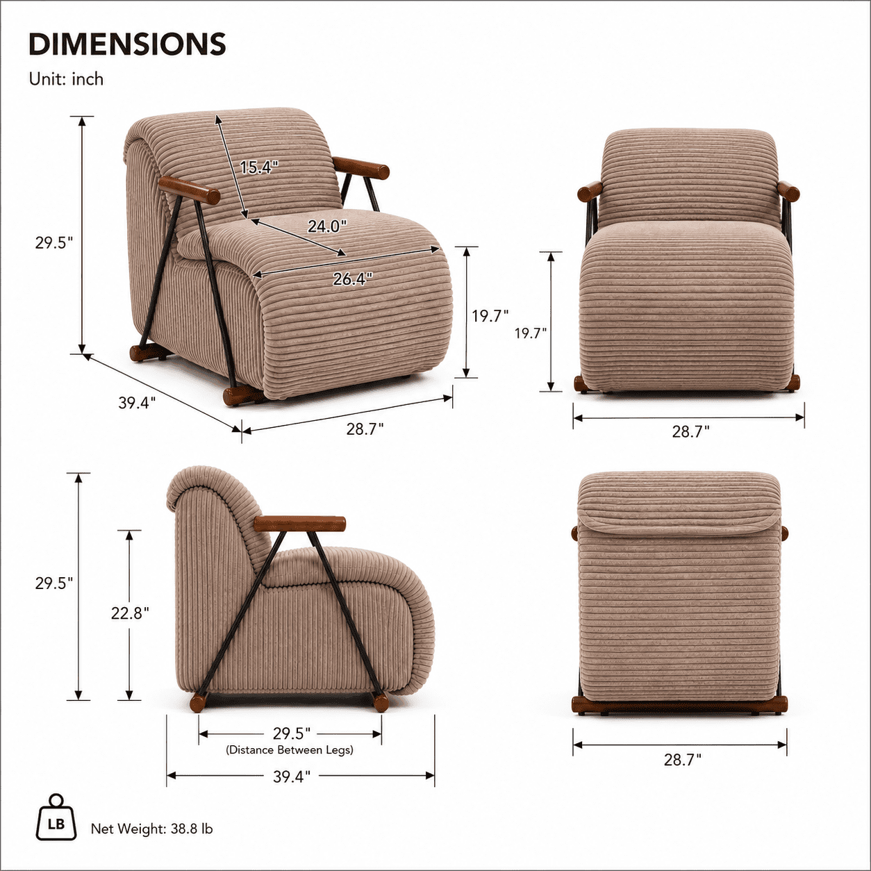 MOONMISS Corduroy Accent Chair, Upholstered Lounge Armchair with Solid Wood Armrests & Minimalist Metal Frame for Living Room, Bedroom,Brown