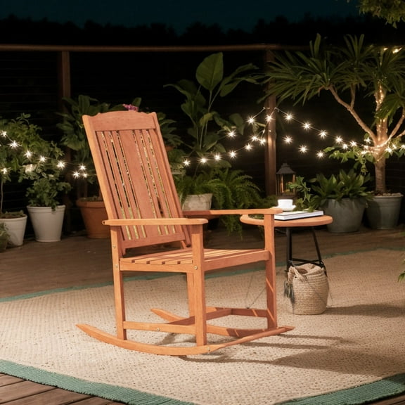 Spaco Outdoor Solid Wood High Back Rocker, Rocking Chair with Slatted Seat for Patio, Garden, Backyard, Natural