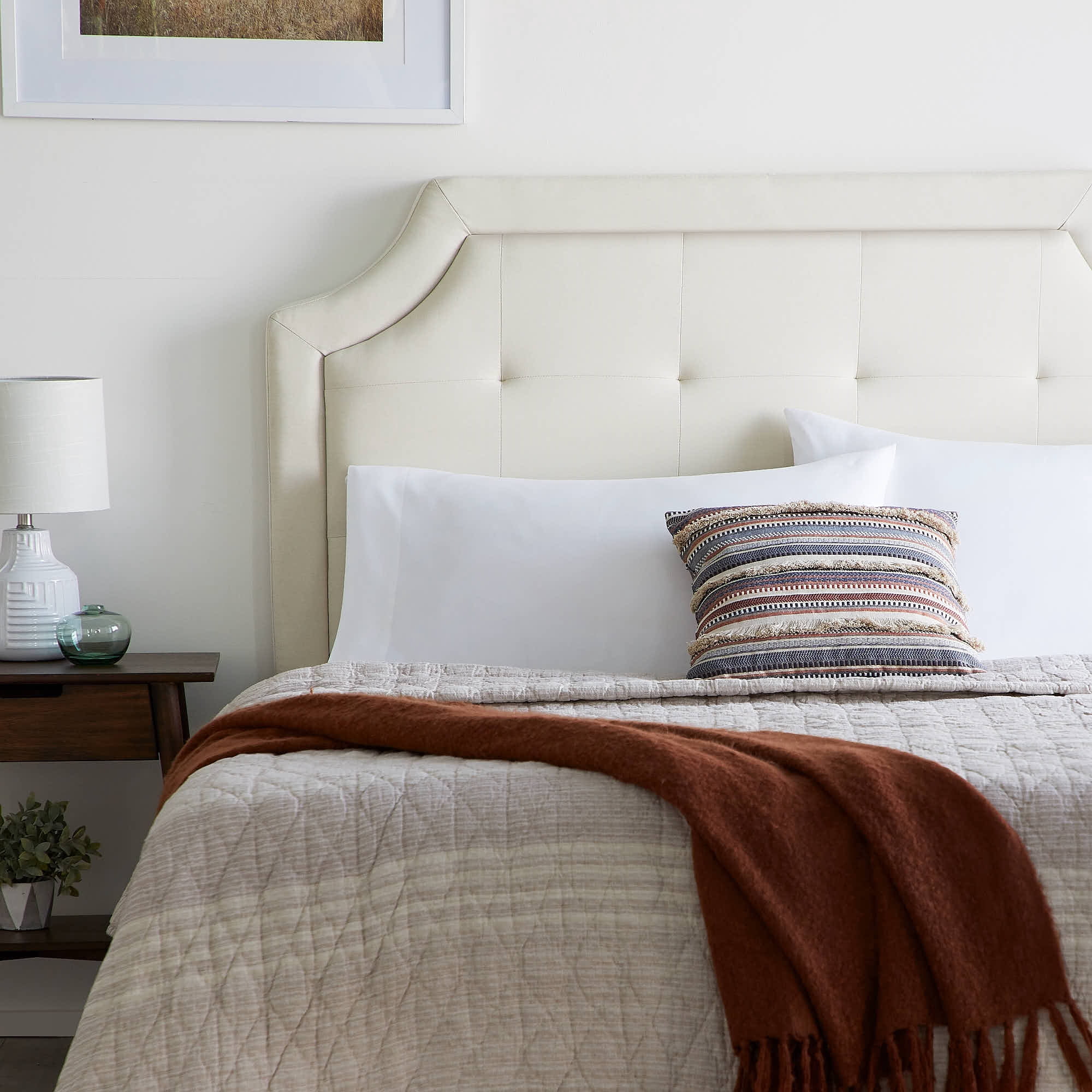 Rest Haven Scallop Edged Upholstered Headboard, Queen, Cream