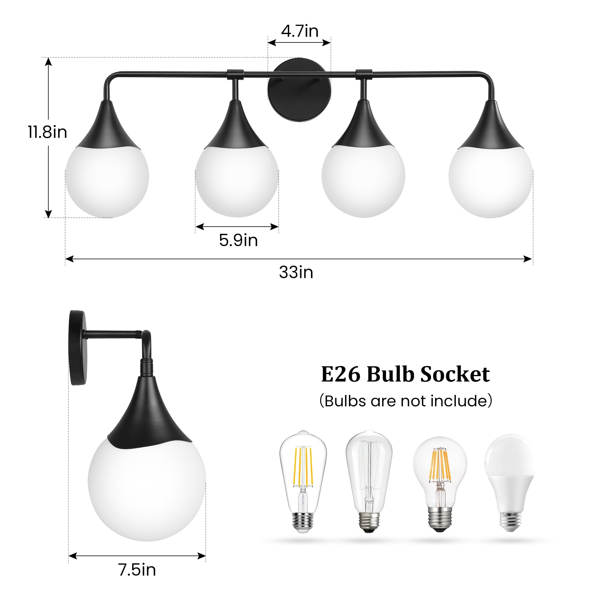 Bathroom Vanity Light 4-Lights Bathroom Lighting Fixtures Over Matte Black Wall Sconces with Frosted Globe Glass for Hallway Restroom