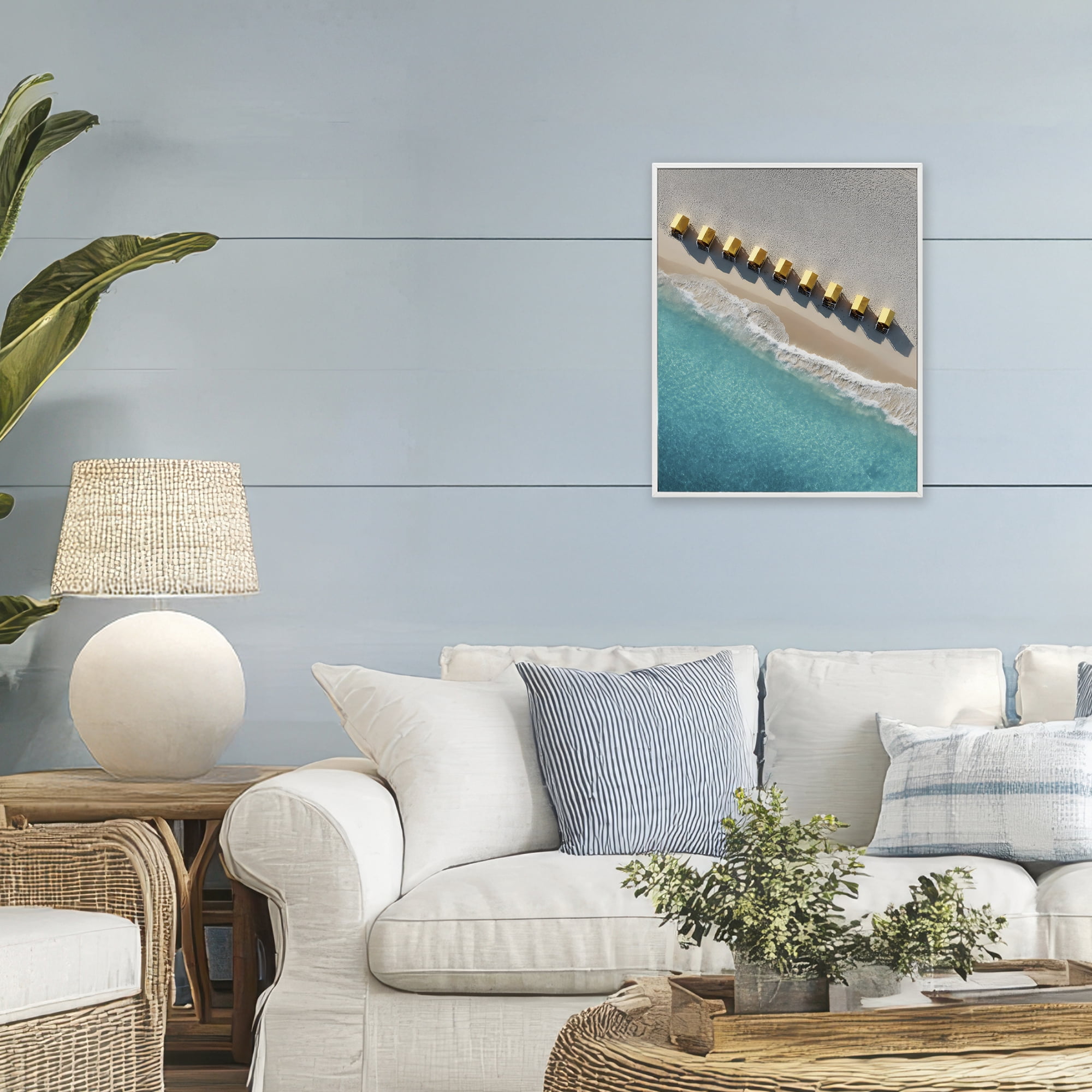 Stupell Industries Yellow Cabanas Along Shore White Framed Giclee Art, design by Franklyn Gregory
