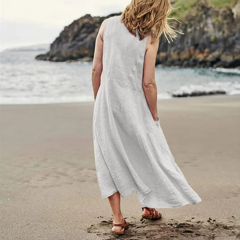 TQWQT Womens Plus Size Dresses Sleeveless Cotton Linen Long Dress Plain  Scoop Neck Loose Comfy Beach Dress with Pockets,White M 