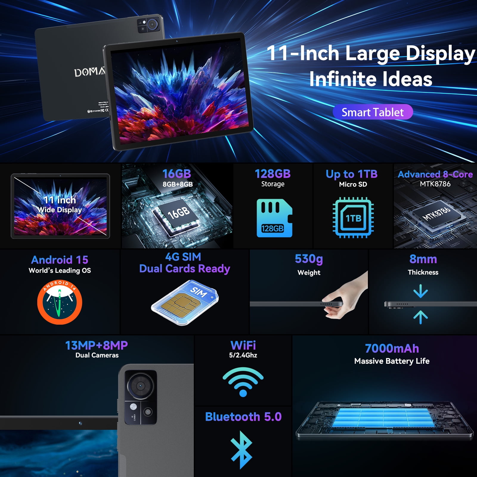 11 inch Android 15 Tablet, MTK8786 Octa-Core, 128GB Storage, 16GB