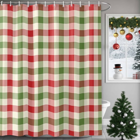 Christmas Winter Shower Curtains for Bathroom, Vintage Farmhouse Red Green Plaid Waterproof Fabric Shower Curtain for Bathroom Bathtub Decoration, Machine Washable, 72"x72"