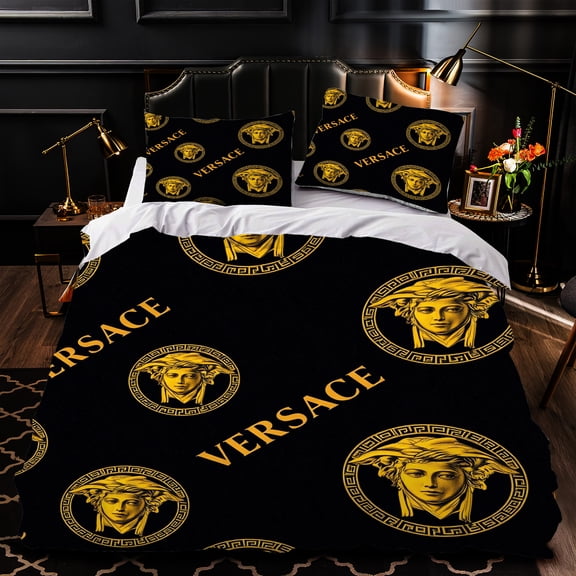 3-Piece Duvet Cover Set - Black & Gold Greek Key Pattern & Statue Design - Luxurious Bedding for Elegant Bedrooms