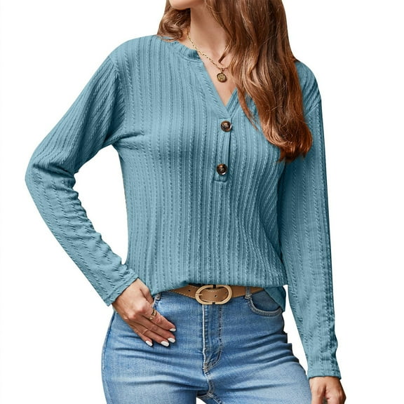 ShomPort Casual V Neck T-Shirts for Women Dressy Long Sleeve Tops Solid Color Loose Tunic Blouses
