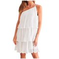 thumbnail image 1 of Femmes Été une Épaule en Mousseline de Soie Mini Robe Casual Volant Plissé Étagé Robes Courtes Fluides, 1 of 7