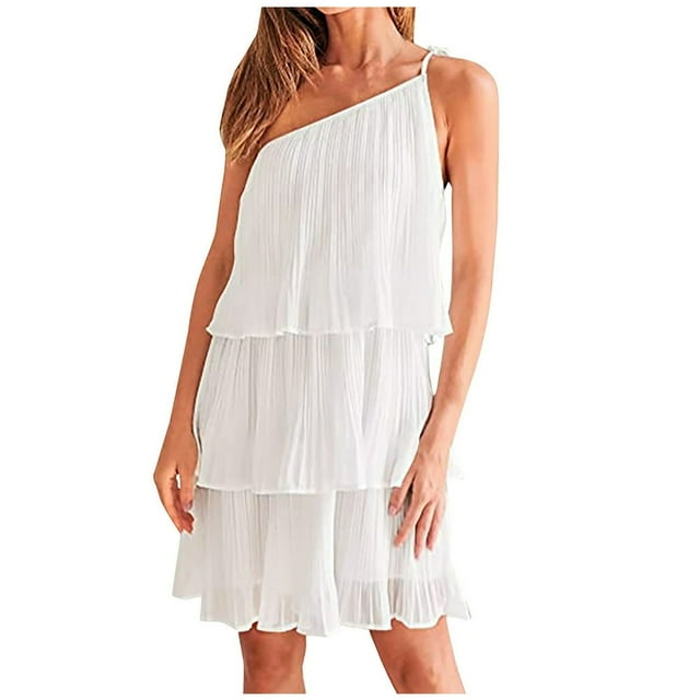 Femmes Été une Épaule en Mousseline de Soie Mini Robe Casual Volant Plissé Étagé Flowy Robes Courtes
