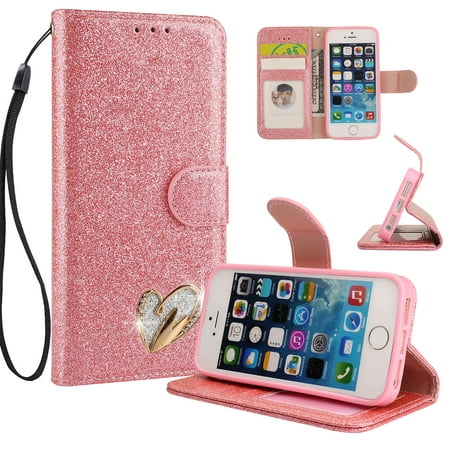 iPhone 5 5S Case Wallet, iPhone SE Case, Allytech Glitter Folio Kickstand with Wristlet Lanyard Shiny Sparkle Luxury Bling Card Slots Slim Cover for Apple iPhone 5 5S SE (Best Wristlets For Iphone 5)