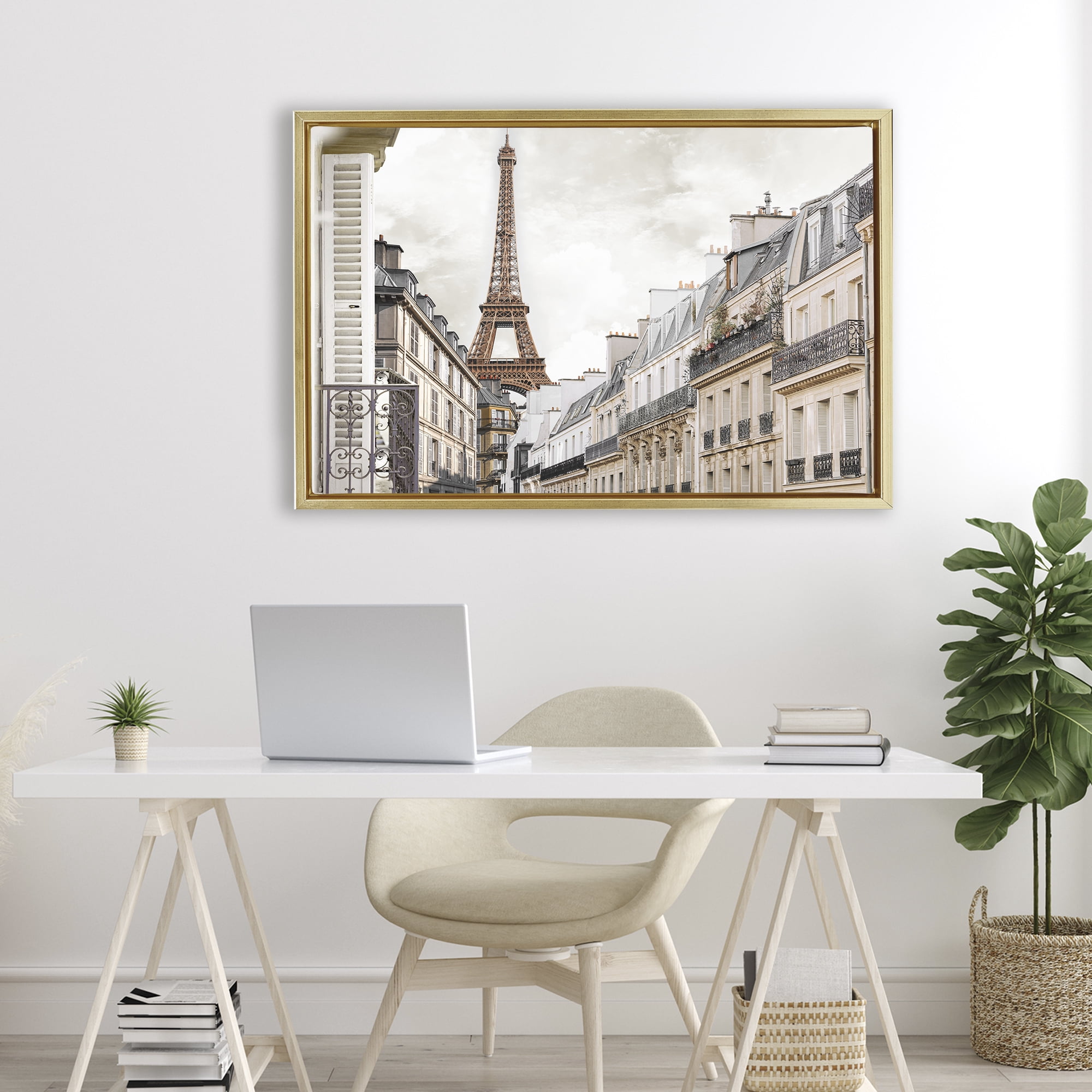 Stupell Industries Eiffel Tower Through Parisian Balconies Gold Framed Floater Canvas Wall Art, design by CAD Designs