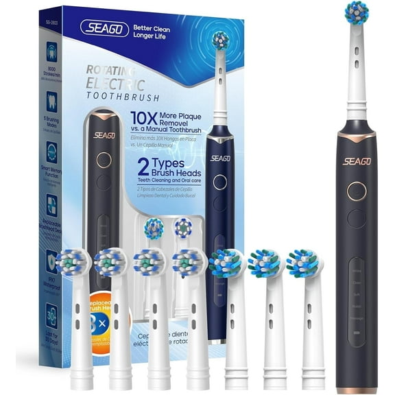SEAGO SG-2603 Rotating 5 Cleaning Modes Electric Toothbrush with 8 Brush Heads, Black